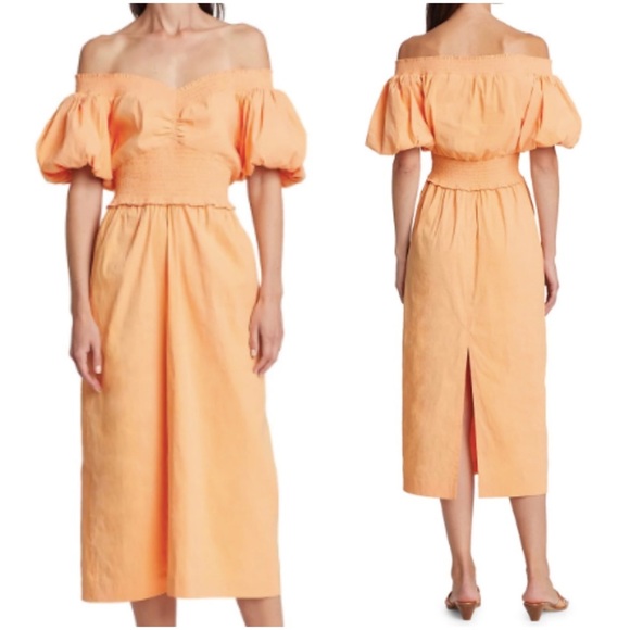 {A.L.C.} Adena Smocked Off-Shoulder Puff-Sleeve Dress Cantaloupe Size 4